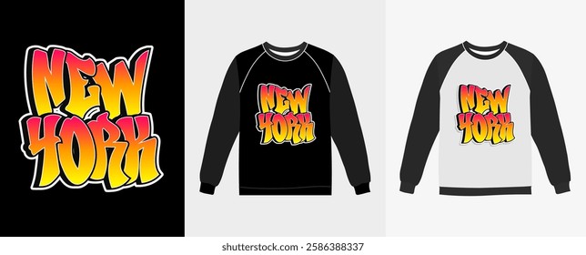 Colorful sweatshirt designs featuring a vibrant New York graphic presented against contrasting backgrounds. long sleeve t-shirt designs