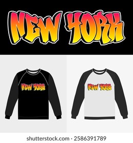 Colorful sweatshirt designs featuring a vibrant New York graphic presented against contrasting backgrounds. long sleeve t-shirt designs