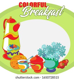 Colorful sweet breakfast set. Cup of coffee, cookies, strawberry, chocolate, desserts, vanilla sticks, croissant.