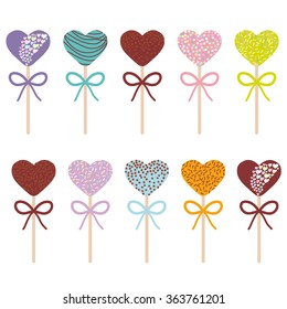 Colorful Sweet Cake pops hearts set with bow isolated on white background. Vector