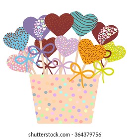 Colorful Sweet Cake pops hearts set with bow in a pink bucket isolated on white background. Vector