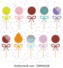 Colorful Sweet Cake pops set with bow isolated on white abstract geometric retro polka dot background. Vector