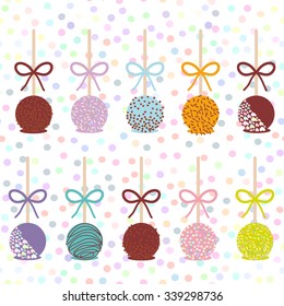Colorful Sweet Cake pops set with bow isolated on white abstract geometric retro polka dot background. Vector