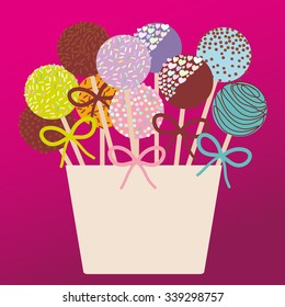 Colorful Sweet Cake pops set with bow in a pink bucket  on dark pink background. Vector