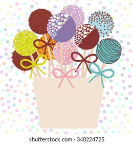 Colorful Sweet Cake pops set with bow in a pink bucket isolated on white abstract geometric retro polka dot background. Vector