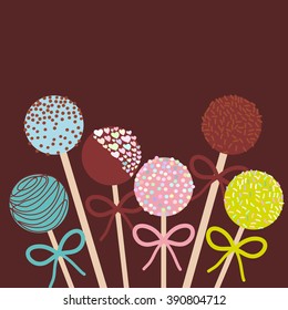 Colorful Sweet Cake pops set with bow on dark brown background. Vector illustration