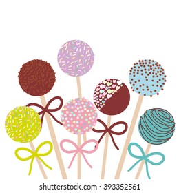 Colorful Sweet Cake pops set with bow isolated on white background. Vector