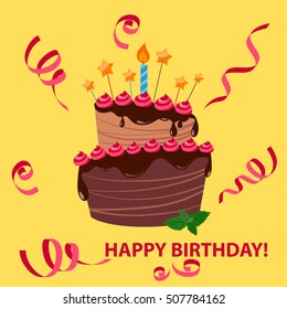 Colorful sweet cake, ribbons with happy birthday. Birthday Cake. Vector illustration