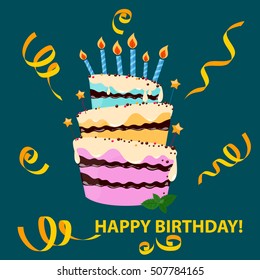 Colorful sweet cake, ribbons with happy birthday. Birthday Cake. Vector illustration