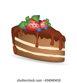 Colorful sweet cake slice with chocolate and strawberry, vector illustration