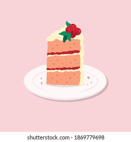 Colorful sweet cake slice. A piece of cake  for happy birthday, weddings, celebrations, greeting, invitation cards. Cranberry cake on plate. Vector illustration in cartoon flat style.