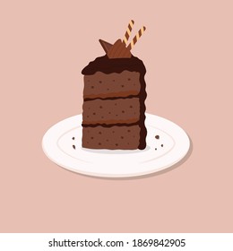 Colorful sweet cake slice. A piece of cake for happy birthday, weddings, celebrations, greeting, invitation cards. Chocolate cake on plate. Vector illustration in cartoon flat style.