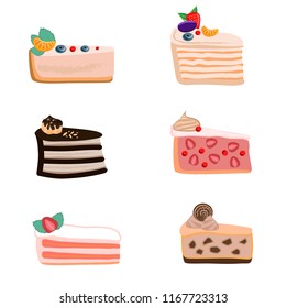 Colorful sweet cake slices isolated on white background. A set of cakes with different fillings. Vector illustration