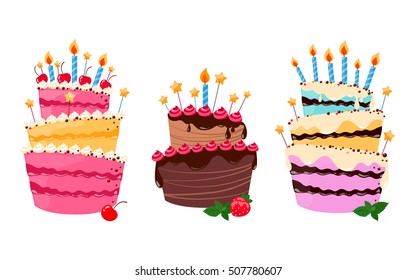 Colorful sweet cakes isolated on white background. Set of cakes. Vector illustration