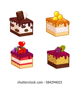 Colorful sweet cakes pieces isolated on white background. Set of cakes. Vector illustration