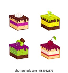 Colorful sweet cakes pieces isolated on white background. Set of cakes. Vector illustration