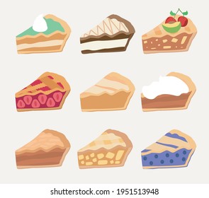 Pasteles dulces coloridos o trozos de pasteles. Juego de cuatro tortas de crumble de berry. Ilustración vectorial.