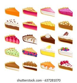 Colorful sweet cakes or pies slices pieces set vector illustration.