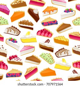 Colorful sweet cakes and pies slices seamless background. Vector pattern illustration.