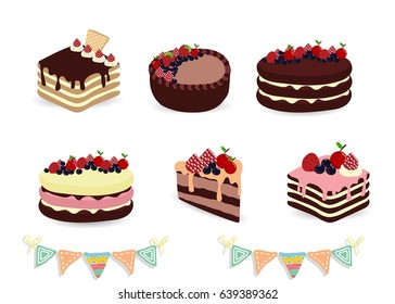 Colorful sweet cakes set. Birthday cakes vector illustration.
