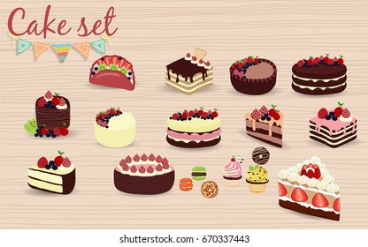 Colorful sweet cakes set. Birthday cakes vector.