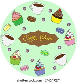 Colorful sweet cakes set vector illustration. Coffee time