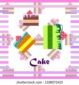Colorful sweet cakes slices pieces, vector illustration.