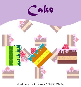 Colorful sweet cakes slices pieces, vector illustration.