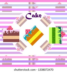 Colorful sweet cakes slices pieces, vector illustration.