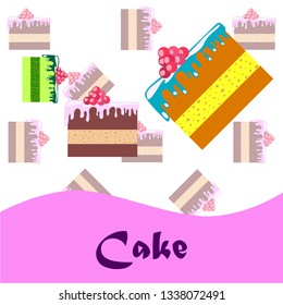 Colorful sweet cakes slices pieces, vector illustration.