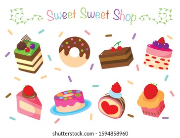 Colorful sweet cakes slices pieces isolated on white background,set of yummy cupcake