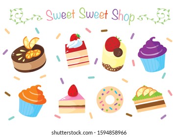 Colorful sweet cakes slices pieces isolated on white background,set of yummy cupcake