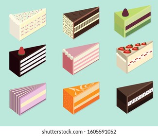 Colorful sweet cakes slices pieces set vector.