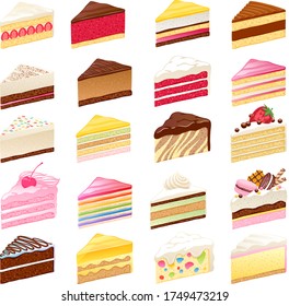 Colorful sweet cakes slices pieces set vector illustration.