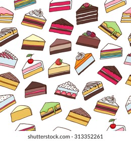 Colorful sweet cakes slices pieces seamless pattern hand drawn vector background.