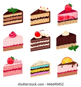 Colorful sweet cakes slices pieces isolated on white background. Set of cakes. Vector illustration