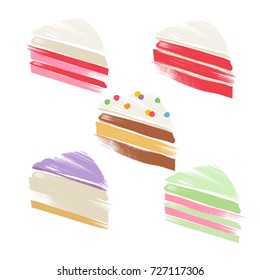 Colorful sweet cakes slices pieces set hand drawn vector illustration. Paintbrush texture.