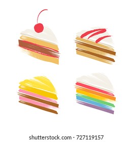 Colorful sweet cakes slices pieces set hand drawn vector illustration. Paintbrush texture.