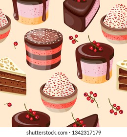 Colorful sweet cakes slices seamless background. Vector pattern illustration. 