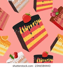 Colorful sweet cakes slices seamless background. Vector pattern illustration.