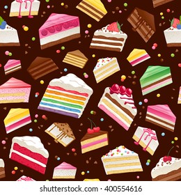 Colorful sweet cakes slices seamless background. Vector pattern illustration.