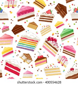 Colorful sweet cakes slices seamless background. Vector pattern illustration.