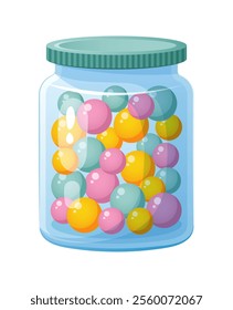 Colorful sweet candies in glass jar. Cartoon illustration. 