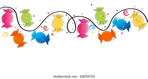 Colorful sweet candy banner. Traditional candies for Seker Bayram Holiday. Greeting card vector illustration