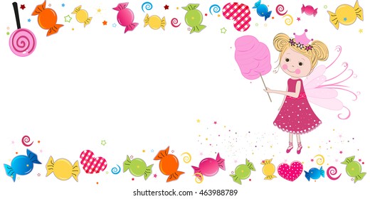 Colorful sweet candy frame. Traditional candies for Seker Bayram Holiday with cotton candy fairy girl. Greeting card vector illustration