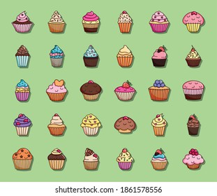 colorful sweet cupcakes icon set over green background, vector illustration