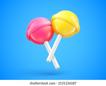 Colorful sweet cute lollipops on stick in cartoon style. Two lollipops yellow and pink on blue background. 3d vector illustration