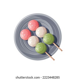 Farbige süße Dango auf dem Teller. Japanisches Essen, gesundes Essen, Kochen, Menü, süßes Essen, Dessertkonzept. Vektorgrafik. 