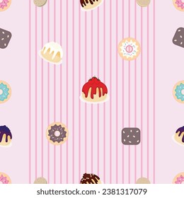 Colorful sweet desserts, chocolate, strawberry, and coconut bun cakes. Cream, strawberry, chocolate, mint donuts, Biscuits, and brownie almond cakes.