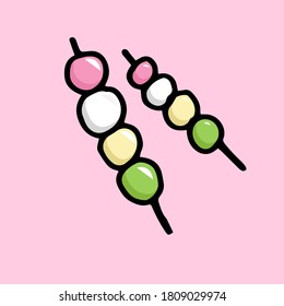 colorful sweet dumpling vector illustration on pink background, japanese food. bold black outline hand drawn vector. doodle dessert for kids, sticker, clipart, poster, banner, advertisement.